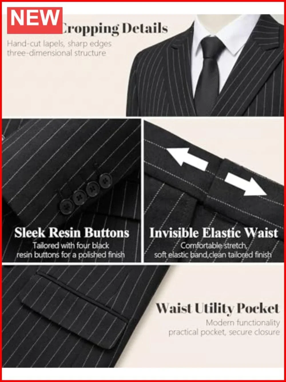Men's 2 Piece Double-Breasted Slim Fit Stripe Suit Blazer Pants Tie Set